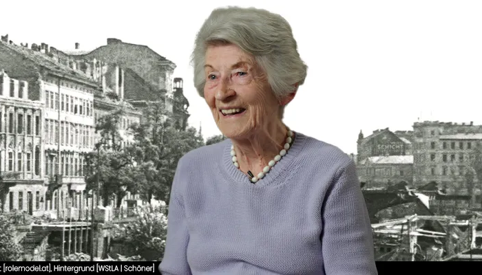 Ernestine Kiffmann, Zeitzeugin aus dem Zweiten Weltkrieg, vor der zerstörten Marienbrücke und dem Dianabad.