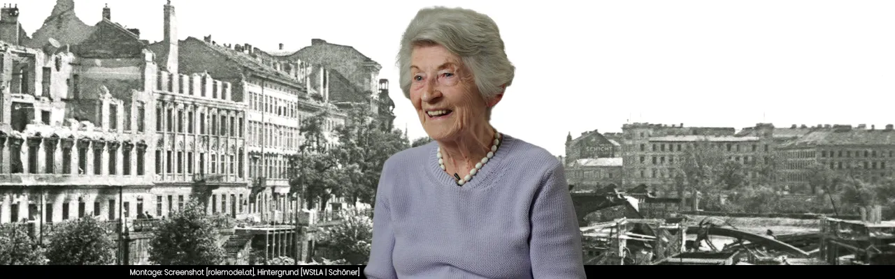 Ernestine Kiffmann, Zeitzeugin aus dem Zweiten Weltkrieg, vor der zerstörten Marienbrücke und dem Dianabad.