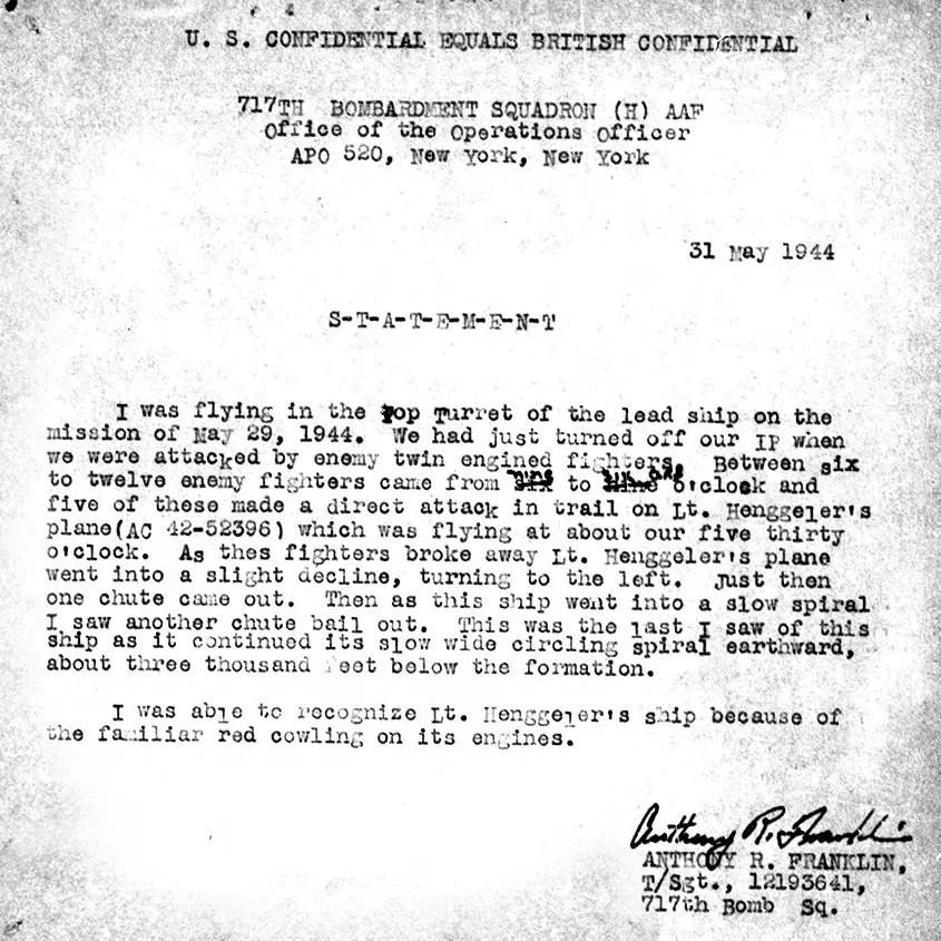 Stellungnahme eines US-Soldaten zum Absturz eines Bomberflugzeuges im Triestingtal in Niederösterreich.