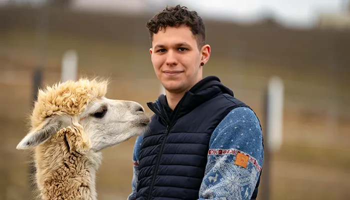 Lukas Bernhart mit einem Alpaka auf der Lama- und Alpakaranch Bernhart. Das Alpaka sieht ihm direkt in die Augen.